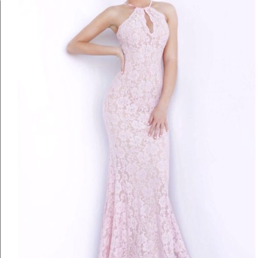 Jovani keyhole halter beaded lace gown in a beautiful lavender color